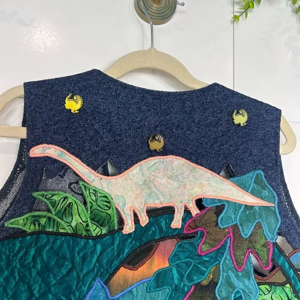 Vintage Handmade Dino Vest Kids Embroidered Blue western Applique Dinosaur Denim - Picture 5 of 10